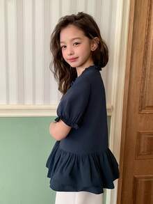 DAZY Tween Girl Solid Color Frill Trim Short Petal Sleeve Single-Breasted Casual Shirt Summer - Navy Blue - View 2