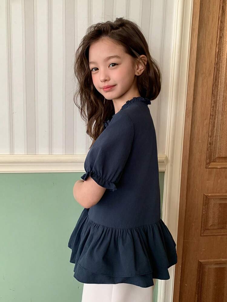 Tween Girl Solid Color Frill Trim Short Petal Sleeve Single-Breasted Casual Shirt