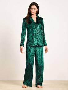 Hourtrue 2pcs/Set Women's Autumn/Winter Velvet Pajama Set, Long Sleeve Top And Pants, Thickened Velvet Sleepwear - Green - View 4