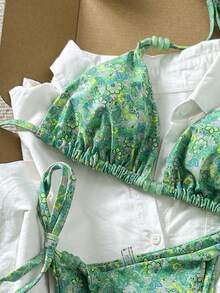 Swim Mod Conjunto de bikini con collar de cuentas con estampado aleatorio para mujer, primavera/verano - Multicolor - Ver 4