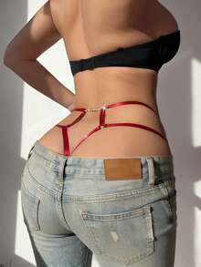 SHEIN 1 件蕾丝链装饰镂空性感丁字裤，适合外出穿着 - 酒紅色 - 查看 2