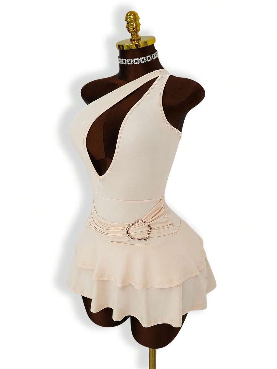 Mistrie French Sensual Style Beige Off-Shoulder Sleeveless Hollow-Out Bodycon Dress, Sexy Design Halter Neck Ruched Waist Metal Button Ruffle Hem Cake Skirt, Suitable For Dates/Parties - Apricot - View 1