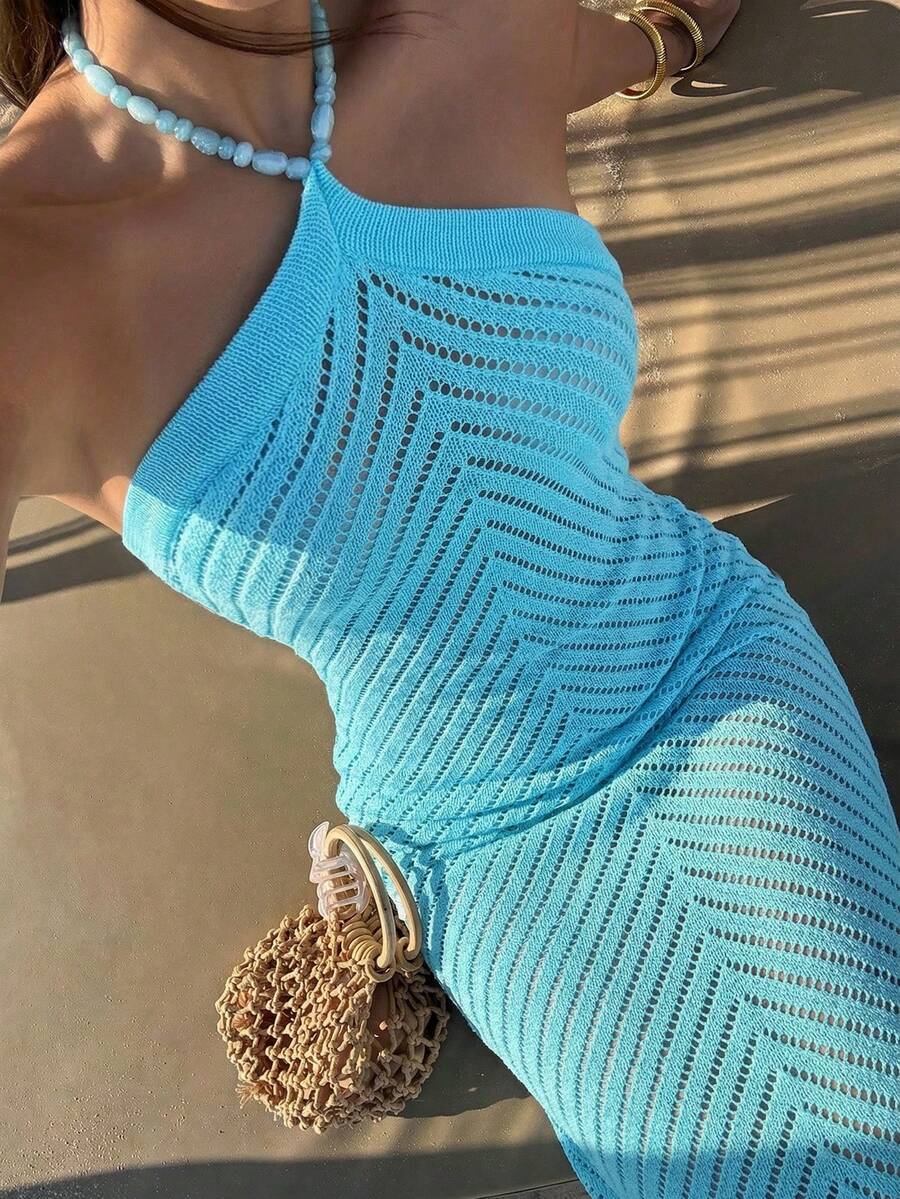 Sunnyshic Women's Blue Hollow Out Lace-Up Beaded Sheer Dress, Elegant Sexy Fashion Dress, Suitable For Summer Beach, Vacation - Blue - View 1