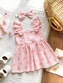 SHEIN Vintaside Kids 女婴、新生儿、婴幼儿、小宝宝、夏季情人节、荷叶边、短袖、吊带款式、可爱粉色水彩条纹爱心图案连衣裙。配有蝴蝶结发带。侧边纽扣设计方便穿脱。梭织面料。A字廓形。适合婚礼、派对、喜庆活动、居家休闲、拍摄满月照等场合。 - 淺粉色 - 查看 2