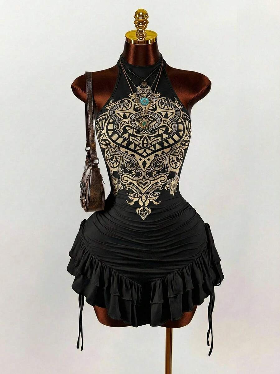 Amplova Asymmetric Ruffle Hem Fitted Mini Dress With High Collar,Black Dress For Women - Black - View 1