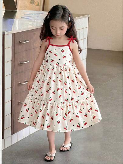 SHEIN 年轻女孩优雅樱桃印花舒适蝴蝶装饰吊带中长连衣裙