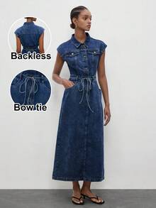 Maija Women's Blue Denim Dress, Classic Shirt Denim Skirt, Bow Tie, Openwork Back, Elegant Summer Dress - Medium Wash - View 1