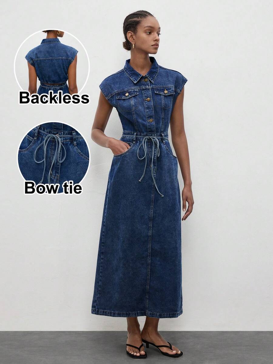 Maija Women's Blue Denim Dress, Classic Shirt Denim Skirt, Bow Tie, Openwork Back, Elegant Summer Dress - Medium Wash - View 1