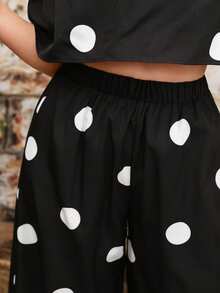 EMERY ROSE Plus Size Women 1-Shoulder Polka Dot Crop Top And Wide Leg Pants 2 Pieces Set - Black - View 4