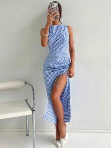 Siren Gaze Women's Plaid Round Neck Pleated Casual Sleeveless Dress - Blue - View 6