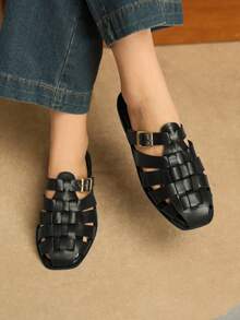 Rosivie Sepatu Wanita, Sandal Datar Wanita Anyaman Warna Polos PU dengan Desain Gesper, Serbaguna untuk Sehari-hari - Hitam - View 4