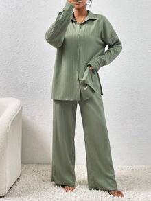 EMERY ROSE Autumn New Textured Fabric Casual Drop Shoulder Hem Slit Shirt And Wide Leg Pocket Pants 2 Pieces Set For Women - Green - View 4