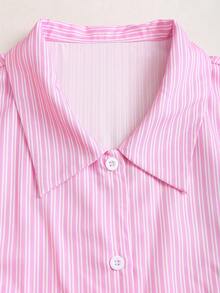 SHEIN Sweetro 女士粉色条纹甜美泡泡袖短款上衣，韩版修身款，春夏款 - 粉色 - 查看 6