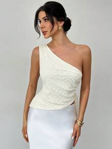 Firerie Áo kiểu nữ thanh lịch, lãng mạn, thích hợp mặc hàng ngày đi biển, đi nghỉ mát, ôm dáng, màu mơ, chất liệu vải dệt họa tiết tua rua, một vai, hở lưng, dây buộc, vạt áo bất đối xứng, trang phục đi biển, áo tank top đi biển. - Màu be - Xem 2