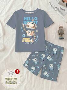 2pcs/Set Young BoyCool Robot Graphic Print Crew Neck Top And Matching Robot Print Leggings Knit Fabric Comfortable Casual Outfit - Multicolor - View 3