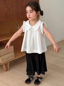 Dazy Kids 2pcs Baby Girls' Round Neck Bow Decor Korean Style Shirt And Loose Pants Set Summer Toddler - Black and White - View 3