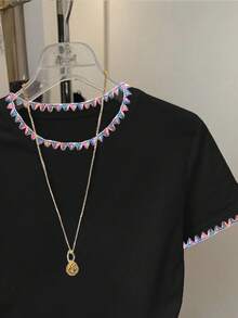 SHEIN Kaos Wanita Kasual dengan Bordir dan Trim Kontras, Musim Panas - Hitam - View 3