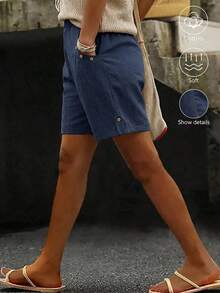 EMERY ROSE 女士休闲纯色弹力腰短裤 - 藏蓝色 - 查看 3