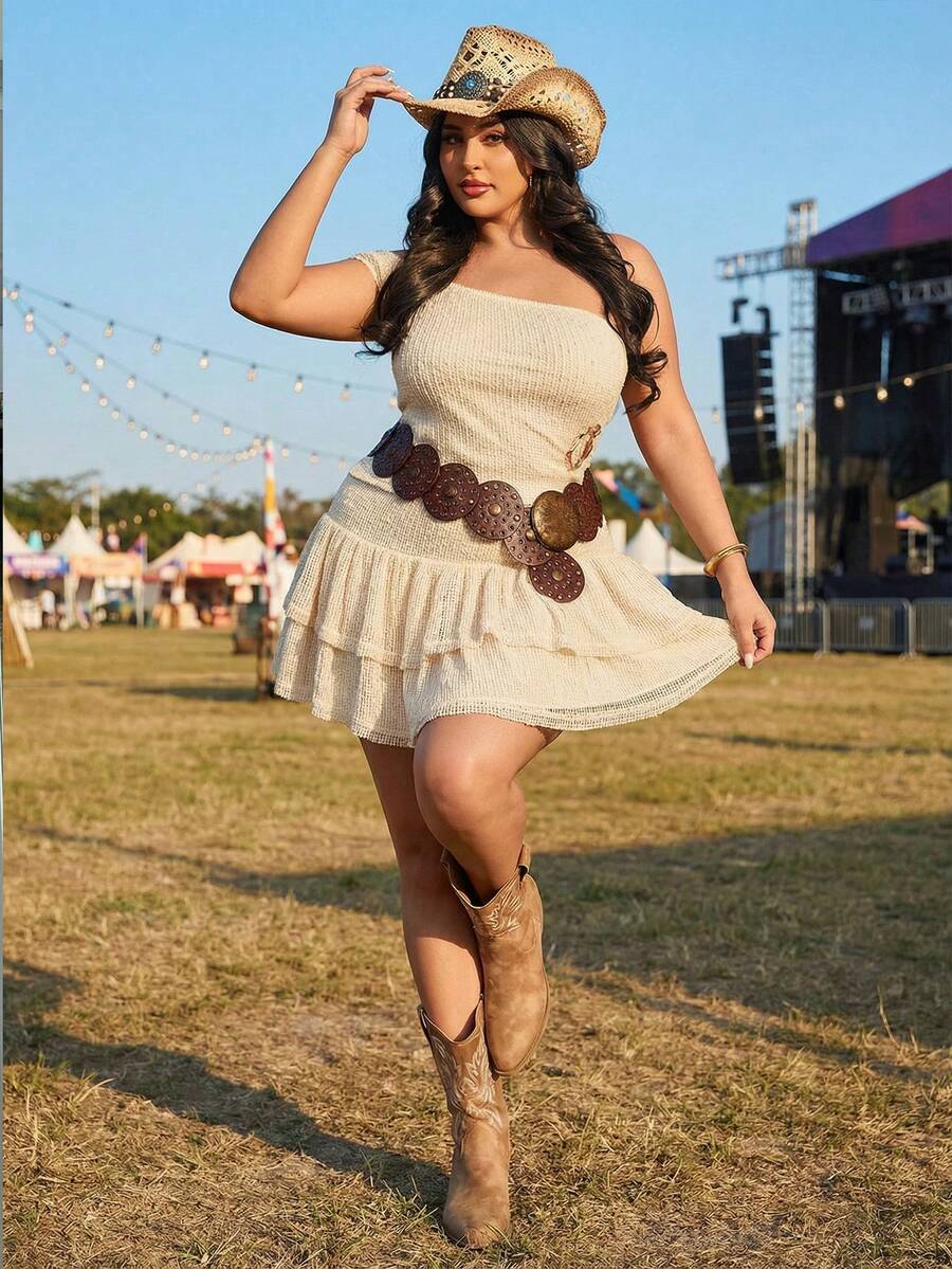 SHEIN BAE Plus Size Fitted One-Shoulder Top & Short Pleated Skirt 2 Pieces Set,Summer,Beige,Boho,Vacation,Sleeveless Crop Top With Waist Buckle,Minimalist Style