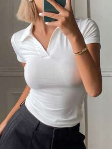 DAZY Áo thun nữ tay ngắn cổ polo ôm dáng mùa hè, kiểu dáng thường ngày. - trắng - Xem 4