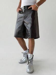 PAVTROS 男士黑色PU皮短裤，时尚百搭休闲及膝裤 - 黑色 - 查看 3