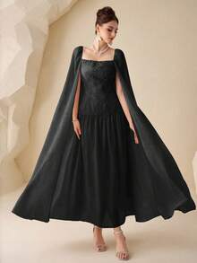 Modelyn Đầm dạ hội sang trọng, thanh lịch, màu trơn, chất liệu chiffon, họa tiết hoa ghép mảnh, tay áo cánh hoa rộng, eo thắt gọn. - màu đen - Xem 6