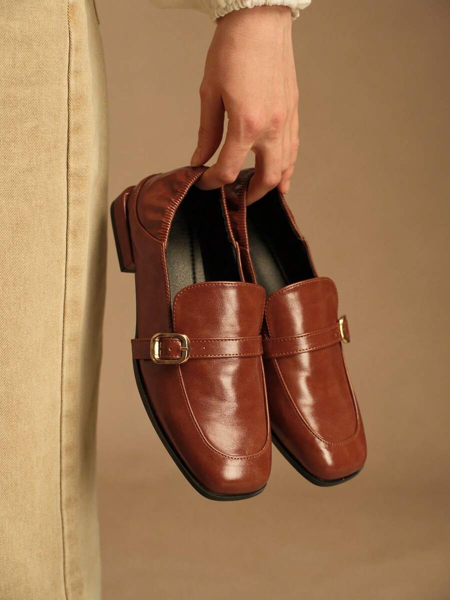 Rosivie British Style Square Toe Flat Bottom Casual Women's Shoes - Coffee Brown - View 1