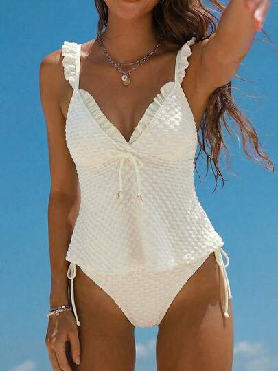 Swim Mod Women's 2 Pieces Swimsuit Set For Summer Beach Vacation, Bubble Texture Fabric, Ruffle Trim Shoulder Straps, Front Shell Decor