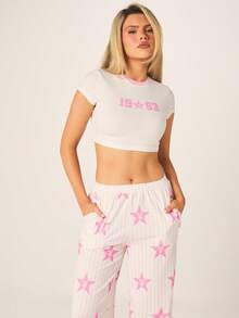 Missguided x Playboy Pink Star Print Ribbed Cami Crop Top And Wide Leg Pajama Pants Set For Sleepwear Loungewear - Multicolor - View 4