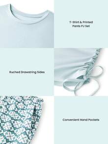 LUVLETTE Summer Lsland Style Soft Cotton Blue Vacation Romantic Pleats Short-Sleeve Basic Crew Neck Top & Printed Pants Loungewear Airy Pajama Set Vacation Pants With Pockets Pants With Pockets Women Lingerie As Outerwear,Spring And Summer Pyjama Capri Two Piece Set - Baby Blue - View 4