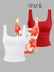 EMERY ROSE 3pcs Plus Size Women's Casual Solid Color & Full Printed Pattern Sleeveless Tank Top Set, Summer - Multicolor - View 1