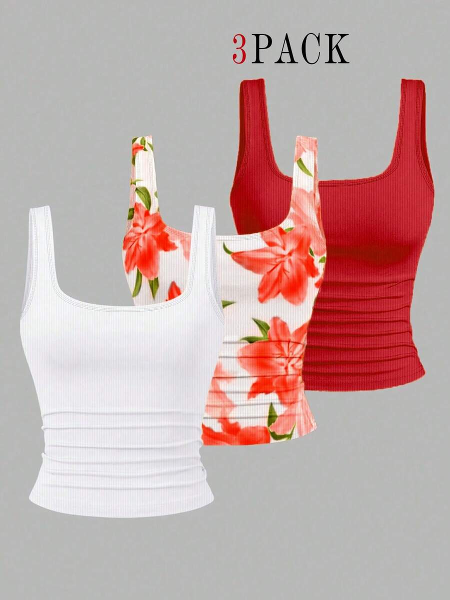EMERY ROSE 3pcs Plus Size Women's Casual Solid Color & Full Printed Pattern Sleeveless Tank Top Set, Summer - Multicolor - View 1