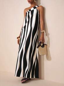 Zivah 2026 Spring/Summer New Arrival, Suitable For Valentine's Day, Wedding Season, Music Festivals, Easter, Western Style, Nomadic Style, Bohemian, Nashville, Party Attendance, Wedding, Evening Party, Date, Gathering, Birthday Party, College Style, Student Wear, Daily Outings, Basic Versatile, Casual, Vacation, Cruise Travel, Beach, Sunbathing, Viral Hit, Elegant, Commute, Business Casual, One-Shoulder Tie Strap Asymmetric Sleeveless, Wavy Black Khaki Stripe Print Loose A-Line Maxi Dress, Striped Maxi Dress, Spring/Summer Maxi Dress, Party Maxi Dress, Sexy Maxi Dress, Vacation Maxi Dress, Casual Maxi Dress, Women Maxi Dress - Multicolor - View 7