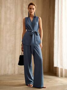 MOTF PREMIUM 2件套女士休闲V领无袖系带腰背心和阔腿仿牛仔裤套装，春夏款 - 藍色 - 查看 3