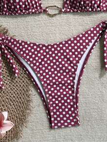 Swim Mod 女士红色底白色波点吊带金属扣性感沙滩度假泳衣套装，夏季 - 紅白色 - 查看 4