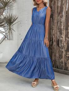 EMERY ROSE 女士纯色褶皱V领优雅收腰连衣裙，适合派对穿着 - 藍色 - 查看 7