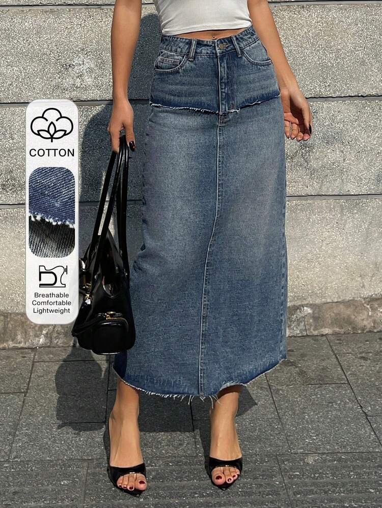 Distressed Denim Patchwork 2 In 1 Straight Long Casual Vacation Denim Skirt For Women, Summer
