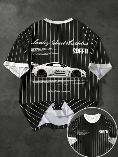 Manfinity เสื้อยืดลายทางพิมพ์ลายรถยนต์สำหรับผู้ชาย, ฤดูร้อน