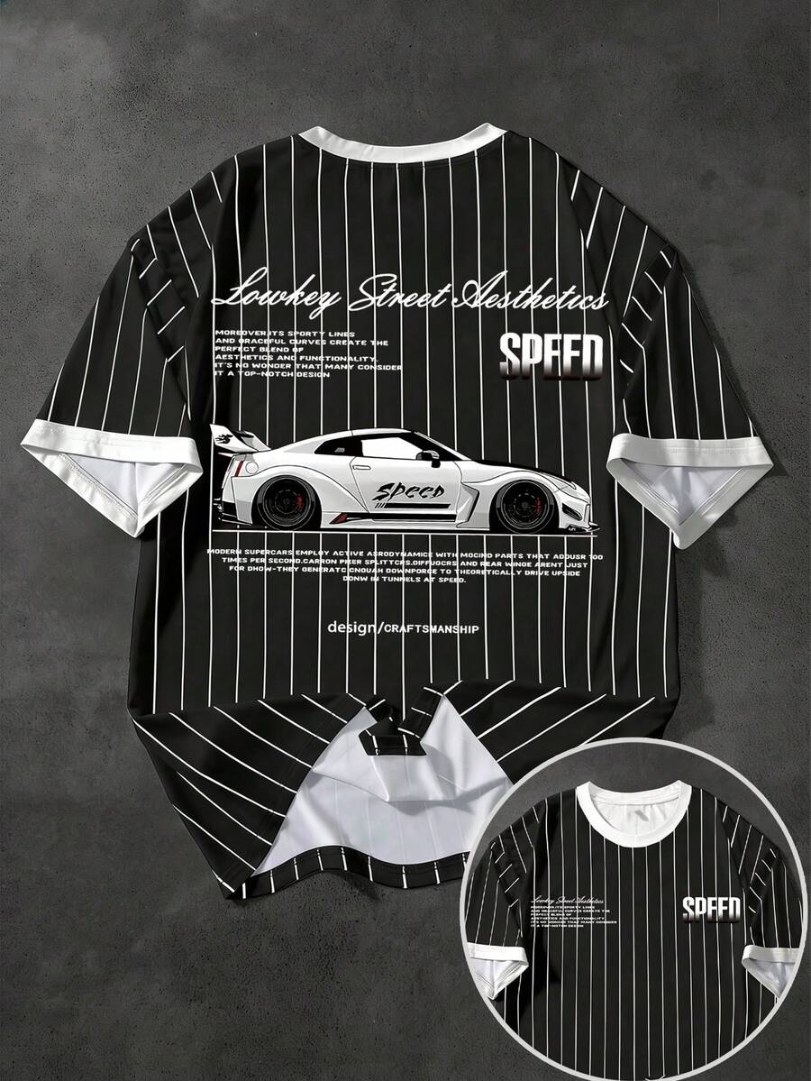 Manfinity 男士休闲条纹汽车标语印花T恤，夏季 - 彩色 - 查看 1