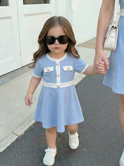 LMoss Kids Baby Girl Knitted Colorblock Round Neck Casual Dress