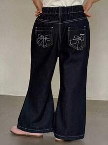 Young Girls Water-Washed Korean Style Flared Bowknot Embroidered Letter Casual Jeans - Black - View 1
