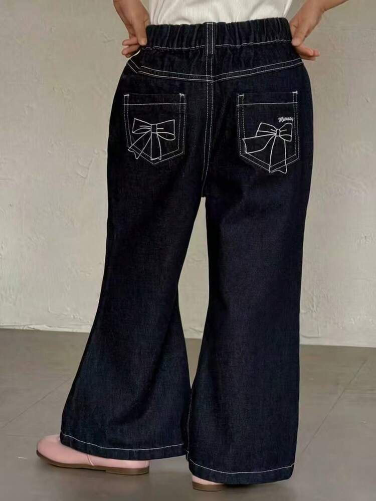 Young Girls Water-Washed Korean Style Flared Bowknot Embroidered Letter Casual Jeans