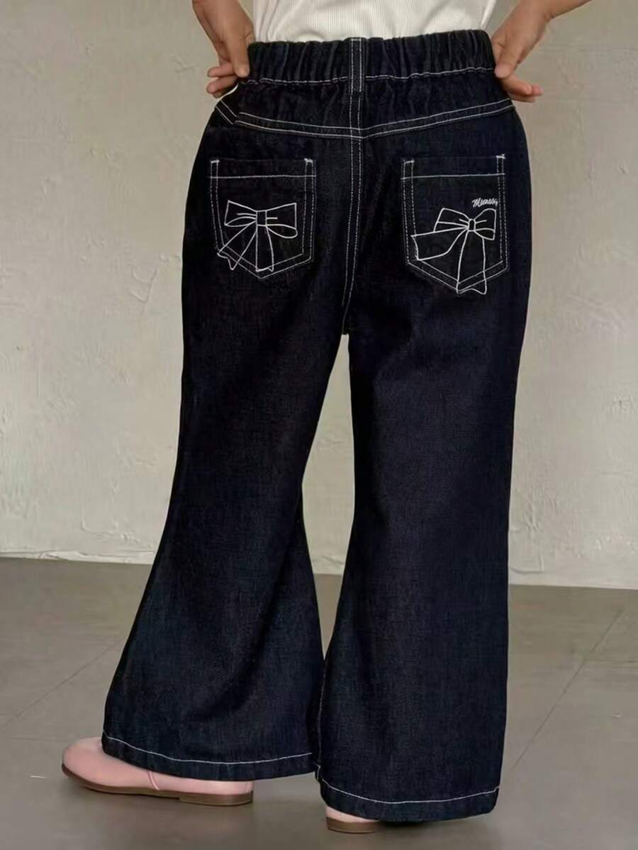 Young Girls Water-Washed Korean Style Flared Bowknot Embroidered Letter Casual Jeans - Black - View 1
