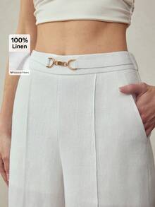 MOTF PREMIUM 100% LINEN WIDE LEG PANTS WITH METAL BUCKLE WAIST DECORATION, ELEGANT FOR COMMUTING, VINTAGE STYLE, SPRING/SUMMER - White - View 6