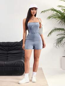 Rivivi Women's Strapless Pocketed Fashionable Date Party Denim Jumpsuit - Blue - View 6