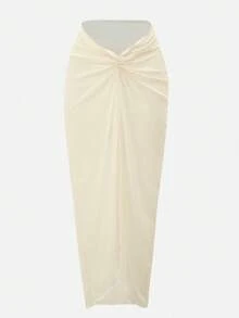 Swim Oasis Beige,Summer,Elegant,Tropical,Beach,Vacation,Holiday Women's Ruched Slit One-Piece Swimsuit With Matching Skirt,Tummy Control Modest Bathing Suits Set - Apricot - View 7