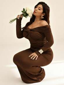 Auralis Plus-Size Women's Brown,Autumn,Elegant,Night Out Club Mermaid Maxi Dress,One-Shoulder Twisted Pleated Long-Sleeved Mesh Fitted Floor-Length Clothing - Brown - View 7