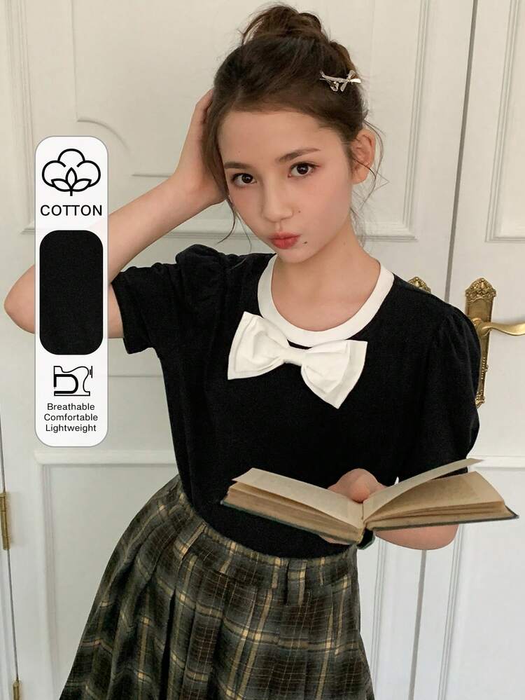 Tween Girls Round Neck Bow Decor Puff Sleeve T-Shirt, Fall Summer