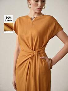 MOTF PREMIUM 夏季优雅别致法式亚麻圆领系腰连衣裙 - 黃色 - 查看 2