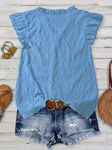 Linhara Plus Size Women's Solid Color Textured V-Neck Ruffle Trim Petal Sleeve Fitted Casual Regular Blouse - Baby Blue - View 2